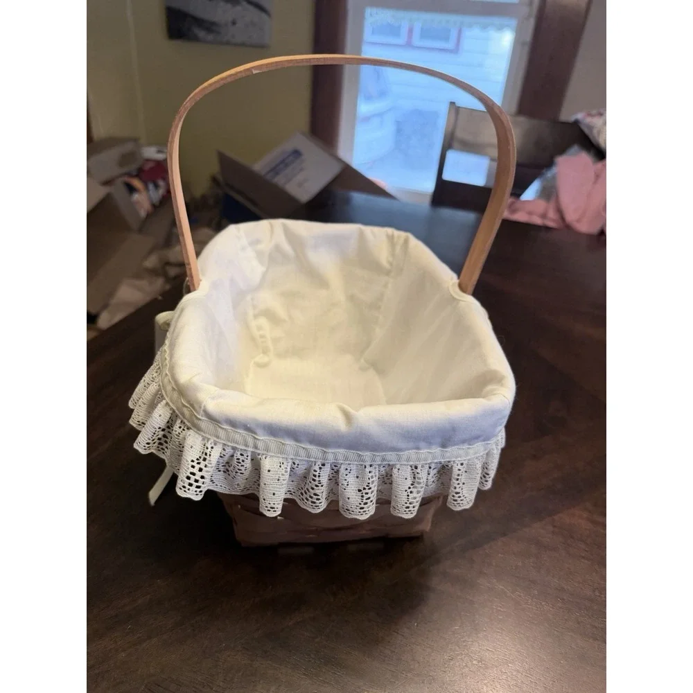 1988 Longaberger Rectangle Basket w/ Handle Cream Lace Liner & Protector 10.5x11